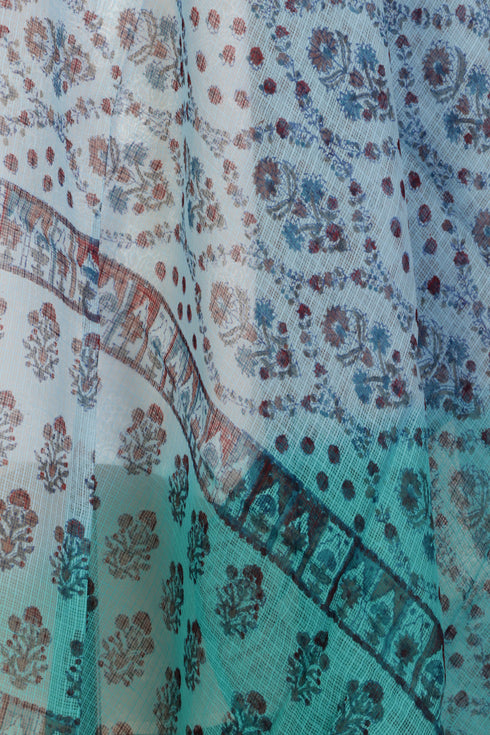 Kota Doria Dupatta In Floral Block Print